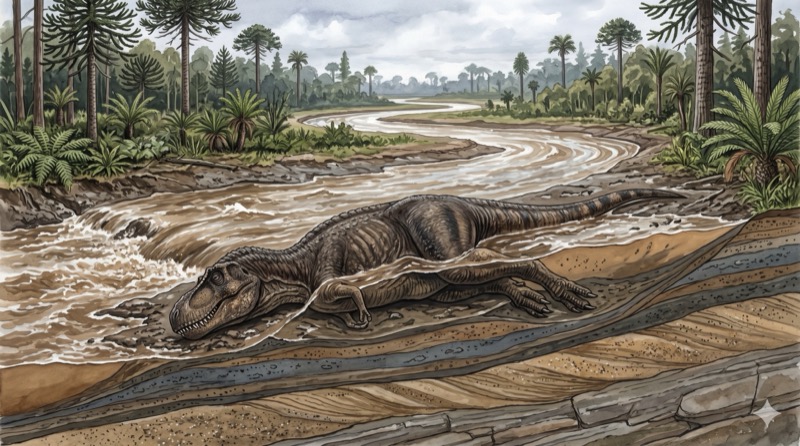 Dinossauro morto à beira de um rio sendo coberto por sedimento durante enchente