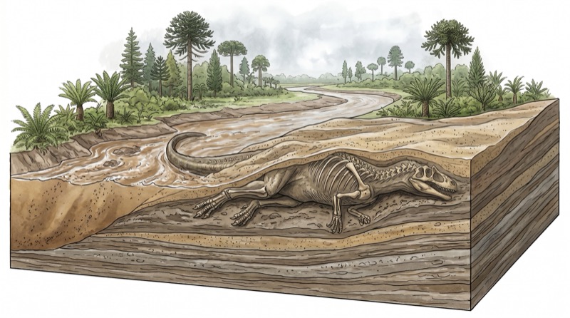 Carcaça de dinossauro soterrada por lama e areia em planície de inundação