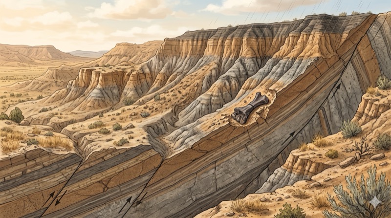 Badlands com camadas sedimentares inclinadas por forças tectônicas e fóssil exposto pela erosão na superfície