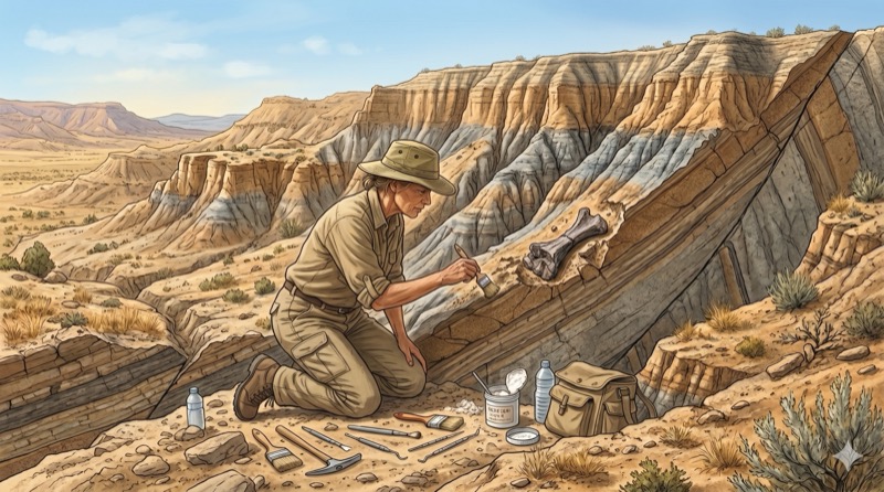 Paleontólogo escavando fóssil exposto em paredão de rocha sedimentar em badlands