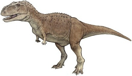 Reconstituição de Abelisaurus comahuensis mostrando o animal em postura ativa, corpo inteiro.