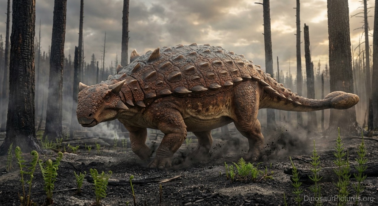 Reconstituição de Ankylosaurus em ambiente florestal do Cretáceo.