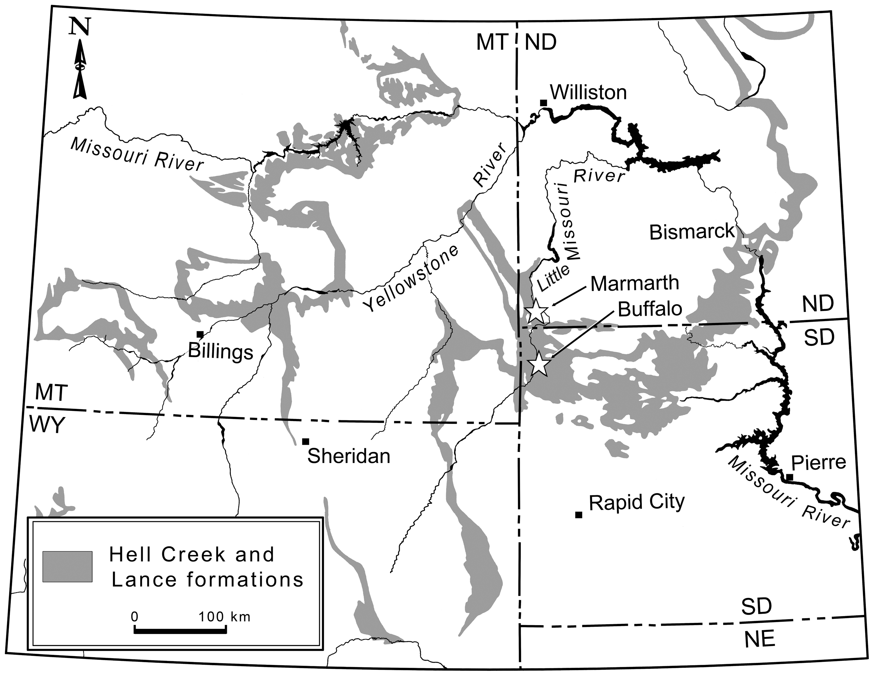 Figure 1. Exposures of the Upper Cretaceous Hell Creek and Lance formations in western North America.