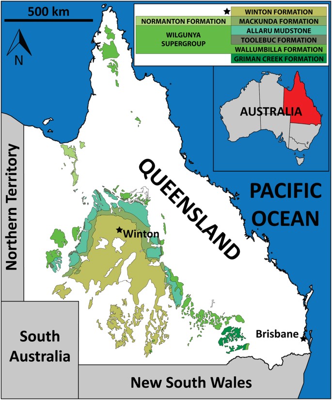 Figure 1: Map of Queensland, northeast Australia, showing the distribution of Cretaceous outcrop.