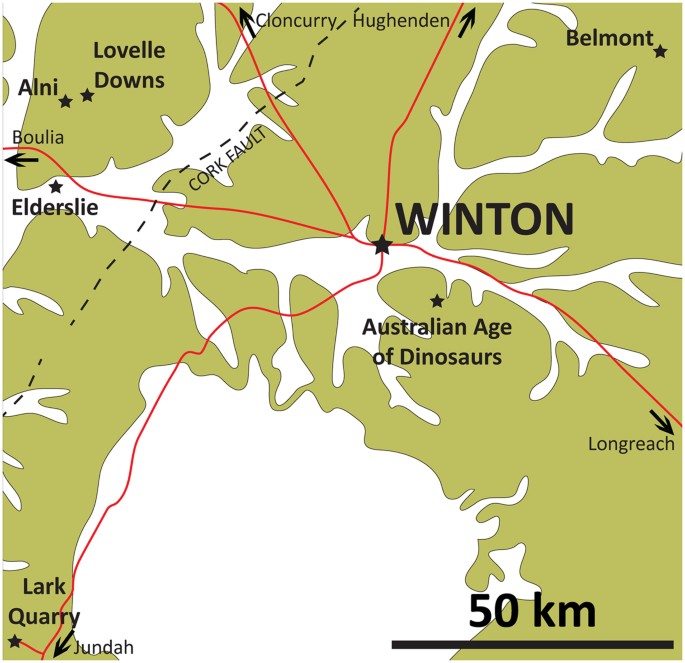 Figure 2: Winton Formation outcrop surrounding the town of Winton, with key localities marked.