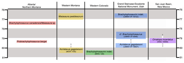 Figure 1: Chronostratigraphic and geographic distribution of Brachylophosaurini in Laramidia. Ages on the left and right are in millions of years. Occurrence data are from Lucas et al. (2006) , Gates et al. (2011 , 2013 , 2014) , Freedman Fowler & Horner (2015) , Fowler (2017) , and McFeeters et al. (2020) . Height of colored text boxes denotes possible age ranges, with uncertainty in age ranges indicated by arrows and question marks. Download full-size image DOI: 10.7717/peerj.11084/fig-1