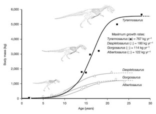 Figure 2: Logistic growth curves for Tyrannosaurus and three related tyrannosaurids.