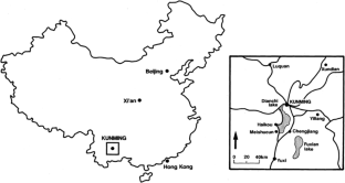 Figure 1: Map of Chengjiang area, Yunnan province and its position relative to the rest of China.