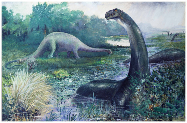 Figure 1: Charles R. Knight’s famous 1897 painting of sauropods, which were then considered amphibious. In the foreground, Apatosaurus (“ Brontosaurus ” of his usage) wades in a lake, its neck erect. In the background, Diplodocus wanders on the shore, its neck held low and horizontal. These differences in posture may not represent different perceptions of the habitual behaviour of these different taxa, merely the postures these individuals happened to adopt at a particular moment. Download full-