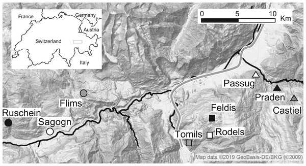 Figure 1: Location of tick sampling sites in the Swiss Alps. Different shapes (i.e., circle, square and triangle) represent the different locations and different colours represent elevation (white: low, grey: middle, black: high). Rivers and motorway are shown in black. Map data ©2019 Google, GeoBasis-DE/BKG. Download full-size image DOI: 10.7717/peerj.8217/fig-1