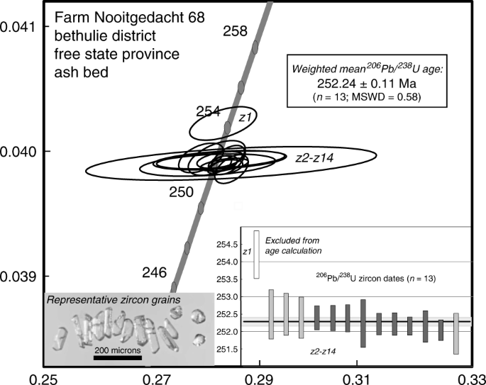 Fig. 3: A Wetherill concordia diagram showing U-Pb ID-TIMS data for single zircon crystals from the ∼ 1 cm thick ash bed, Nooitgedacht section, Karoo Basin.
