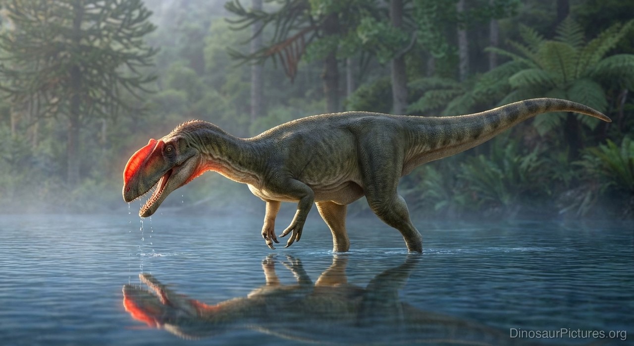 Monolophosaurus jiangi em ambiente aquático, reconstrução digital moderna do predador jurássico.