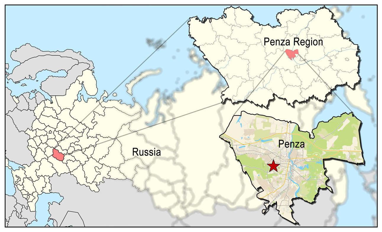 Locality of Mosasaurus hoffmanni (PRM 2546), indicated by a star in the city of Penza (Penza Region, Russia).