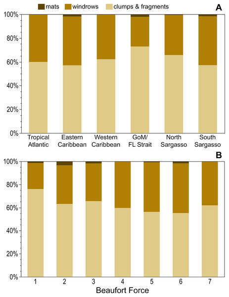 Figure 4: Holopelagic Sargassum aggregation by region and Beaufort Force. Proportion of highest ranked aggregation states by (A) region and (B) BF. As only one positive holopelagic Sargassum observation each was made at BF 0 and 8, these levels not shown; holopelagic Sargassum was absent from the observation at BF 9. GoM, Gulf of Mexico; FL, Florida. Download full-size image DOI: 10.7717/peerj.14079/fig-4