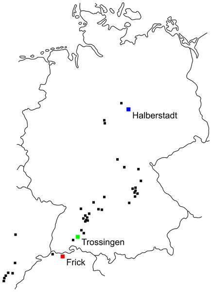 Figure 1: Plateosaurus localities in Germany, France and Switzerland. The map displays localities of Plateosaurus remains found in Germany, France and Switzerland, modified after Moser (2003) and Weishampel & Westphal (1986) . The Plateosaurus bonebeds (sensu Sander, 1992 ) are Halberstadt (Central Germany), Trossingen (Southern Germany) and Frick (Switzerland). Download full-size image DOI: 10.7717/peerj.458/fig-1