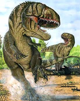 Dois indivíduos de Pycnonemosaurus nevesi em comportamento agonístico, reconstituição dinâmica do abelissaurídeo brasileiro.