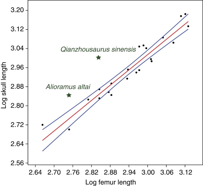 Figure 4: Linear regression of the logarithms of skull length versus femur length for several tyrannosaurid specimens.