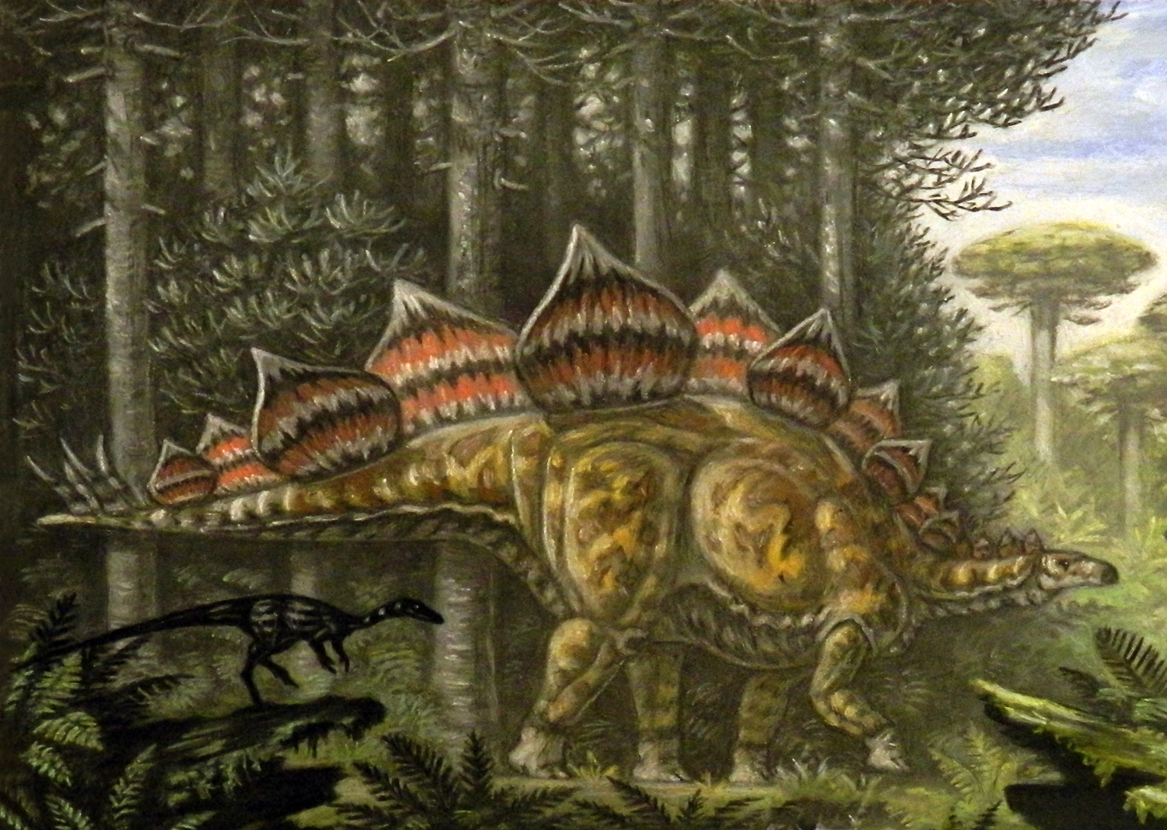 Stegosaurus em contexto ecológico com Coelurus ao fundo — os dois conviveram na Formação Morrison do Jurássico Superior, onde o Coelurus era um terópode pequeno e ágil.