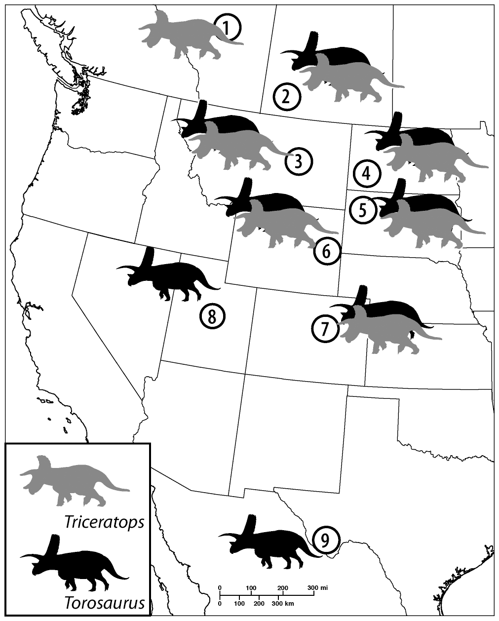 Figure 2. Distribution of Torosaurus and Triceratops .
