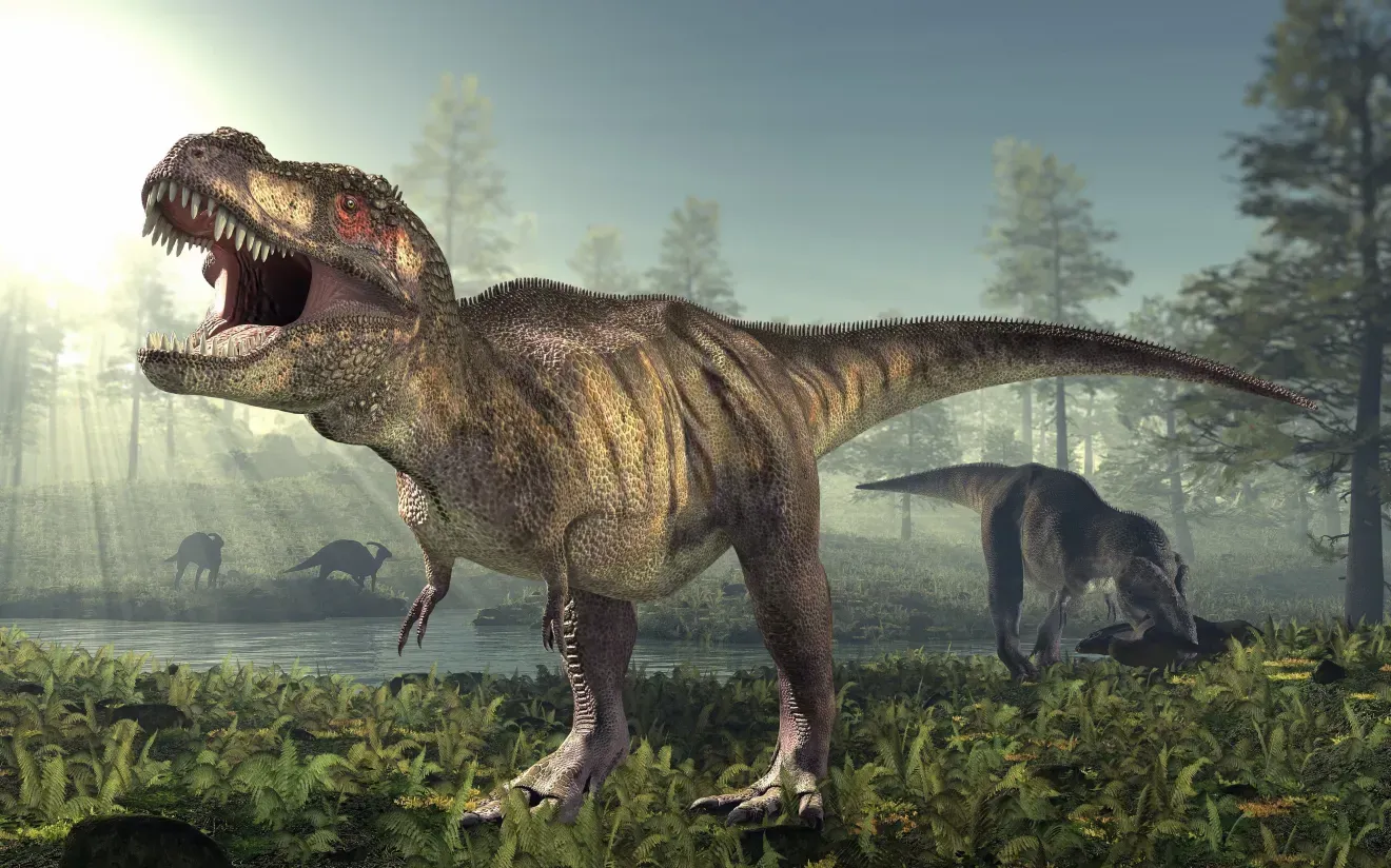 Reconstituição artística 3D de Tyrannosaurus rex em habitat florestal úmido do Cretáceo Superior, com vegetação densa e luz difusa.