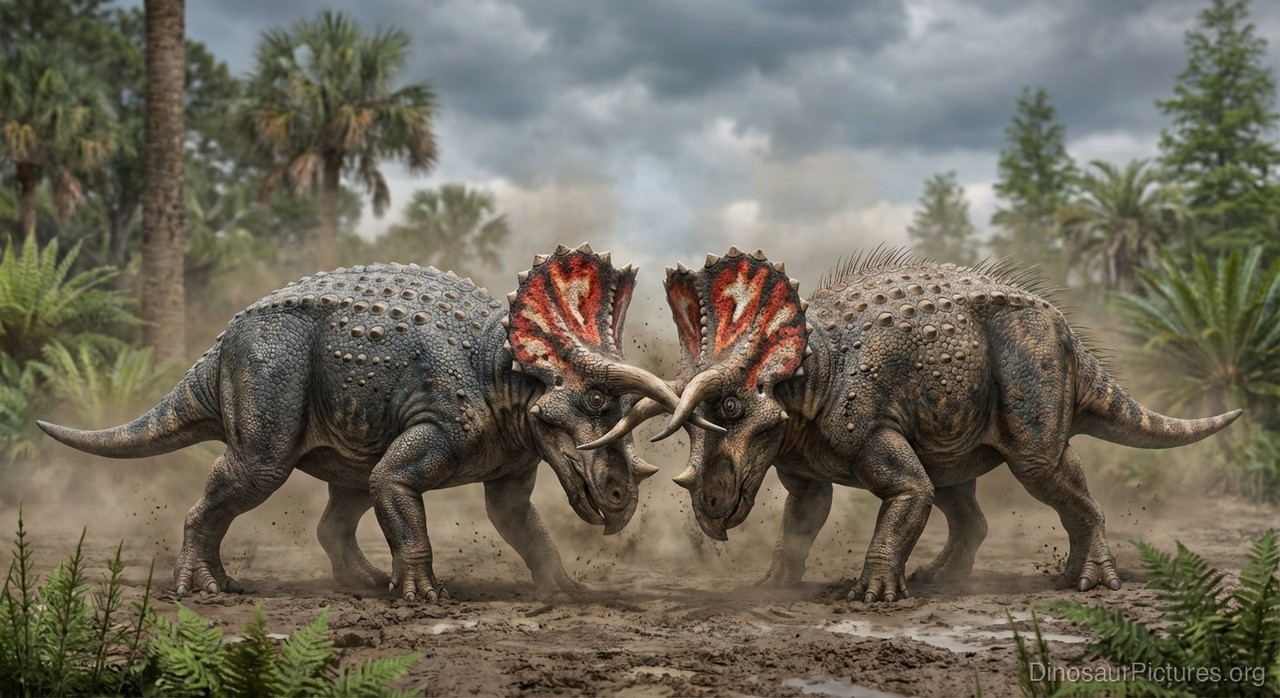 Reconstituição de Triceratops mostrando detalhes da cabeça — os três chifres (dois supraorbitais e um nasal) podiam chegar a 1 metro de comprimento e eram usados tanto em combates intra-específicos quanto na defesa contra predadores.