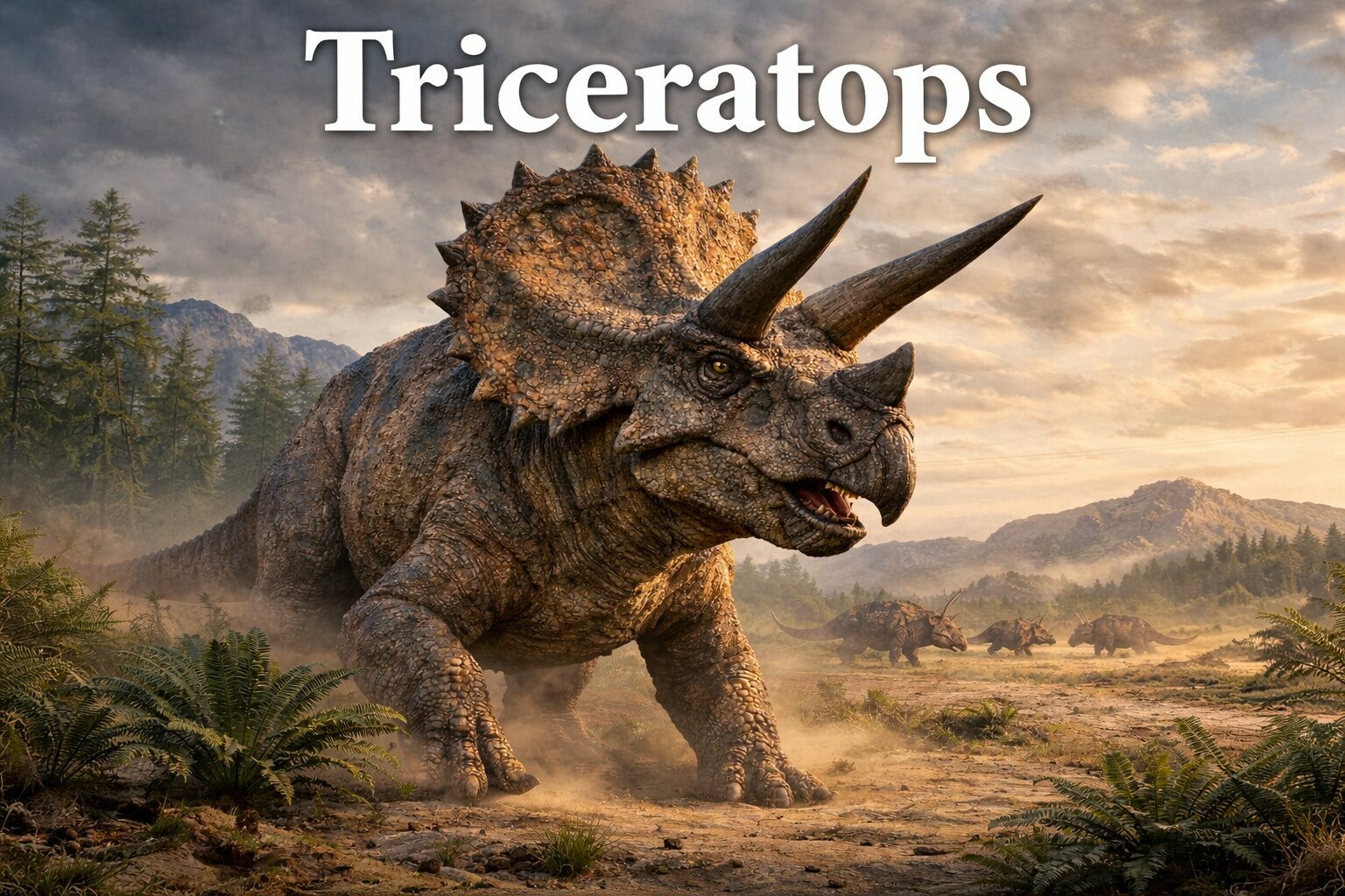 Reconstituição paleoartística de Triceratops horridus — a coloração hipotética combina com padrões observados em répteis atuais, com possível função de sinalização visual pela frila.
