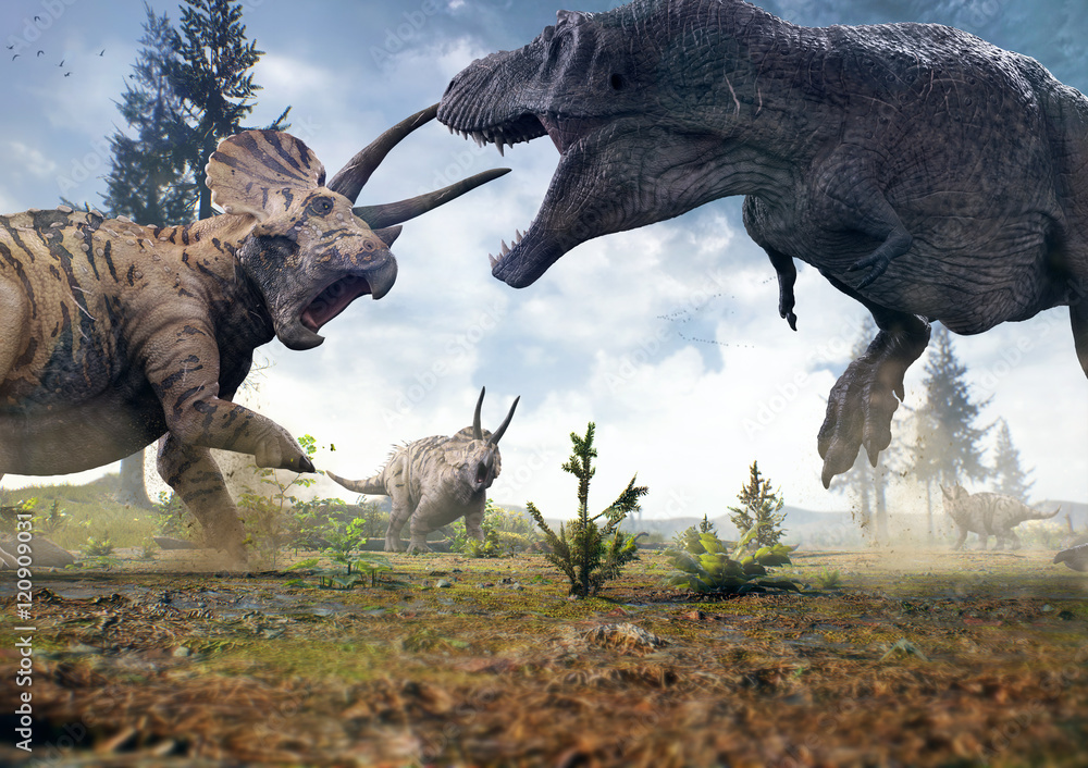Reconstituição de Triceratops horridus — escavações na Hell Creek Formation de Montana, Dakota do Norte e Dakota do Sul produziram dezenas de espécimes, tornando-o um dos ceratopsídeos mais bem documentados.