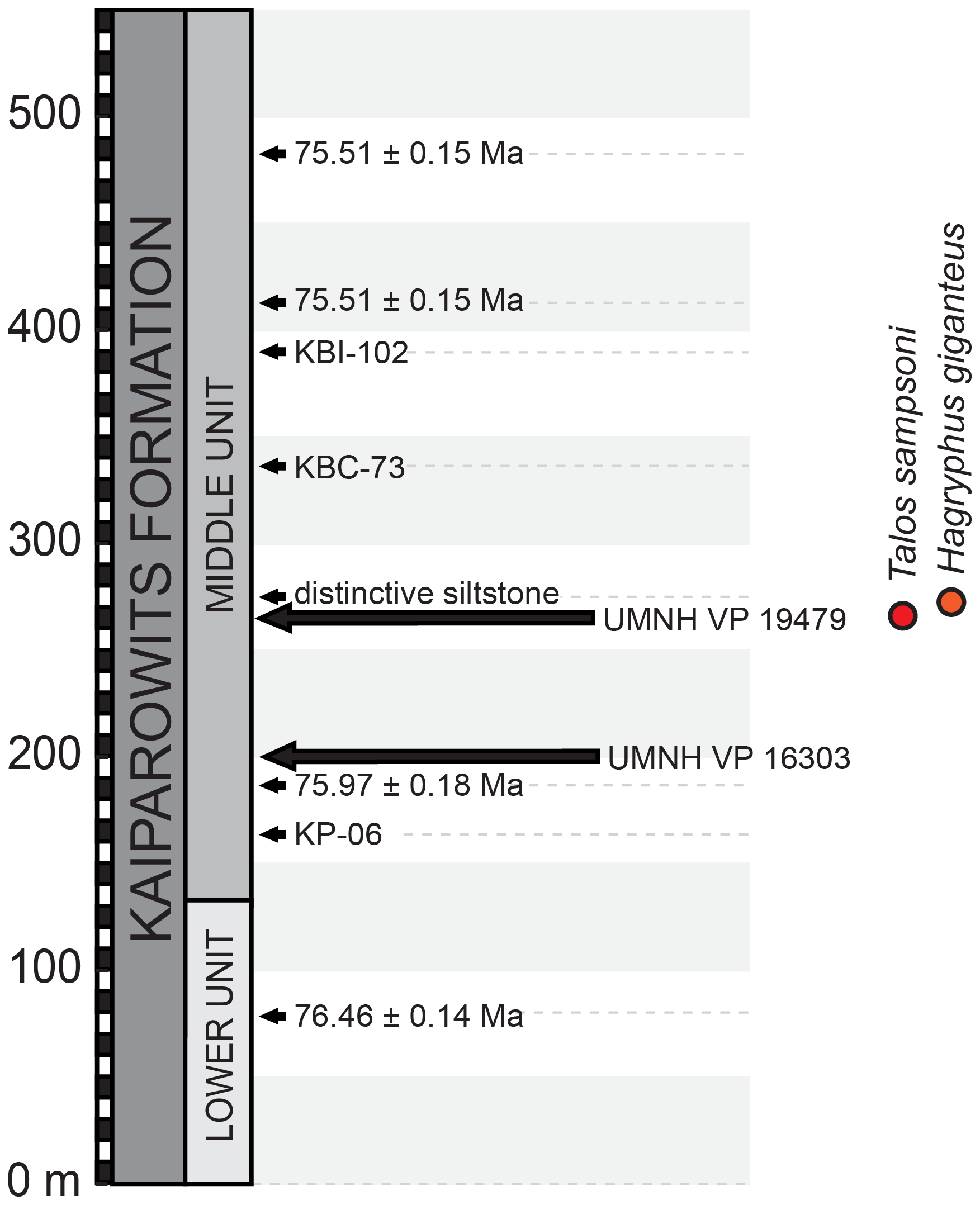 Figure 2. Stylized stratigraphic section of the middle and lower units of the Kaiparowits Formation [46] .