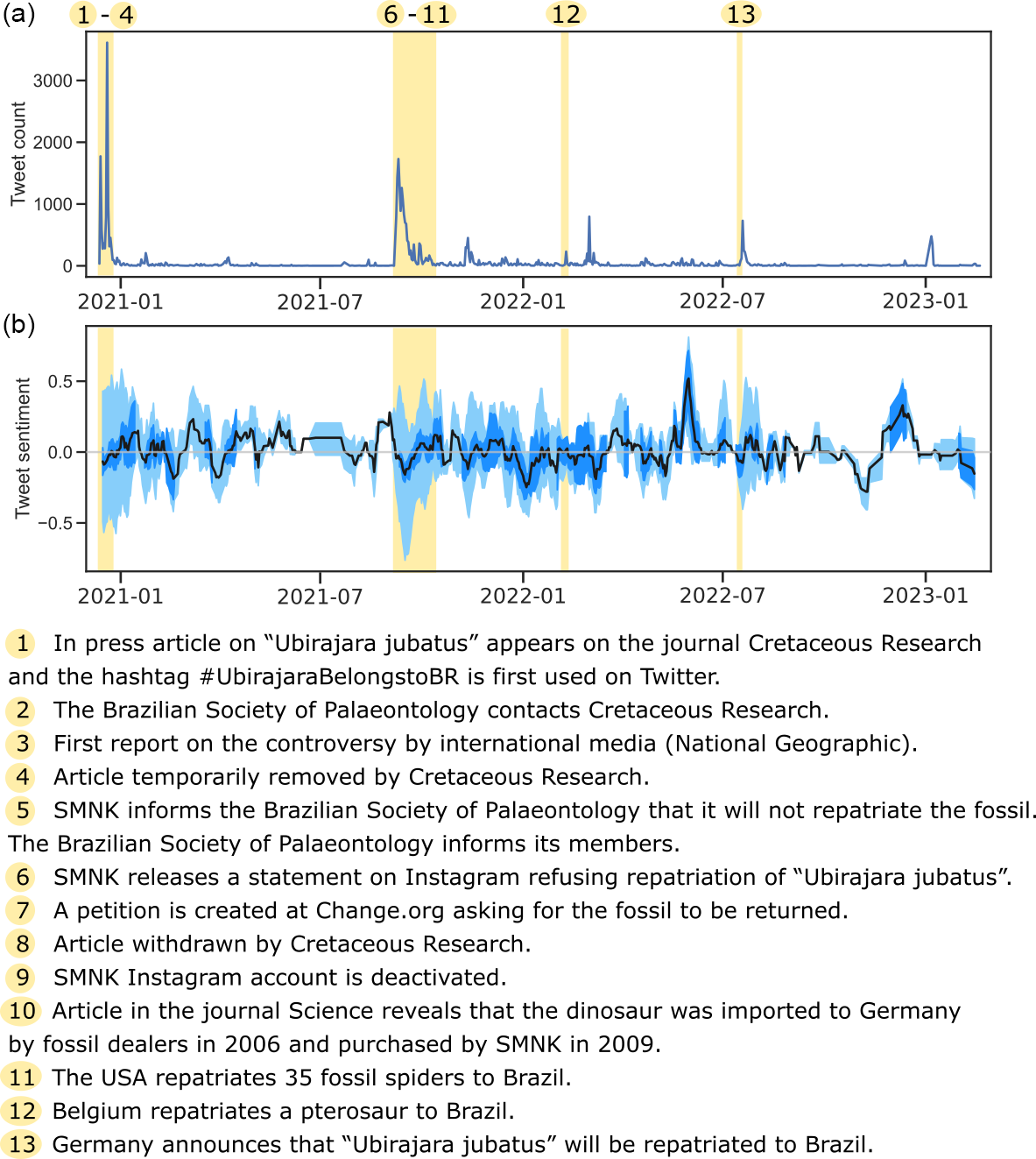 Timeline of events during the #UbirajaraBelongstoBR protest. Panel (a) shows the tweet count over time. In panel (b), the black