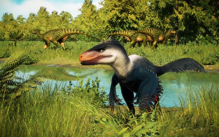 Reconstituição de Utahraptor em caçada — evidências de comportamento em grupo foram documentadas em um sítio de Utah com múltiplos indivíduos de tamanhos diferentes presos em areia movediça junto com presas, sugerindo caça cooperativa.